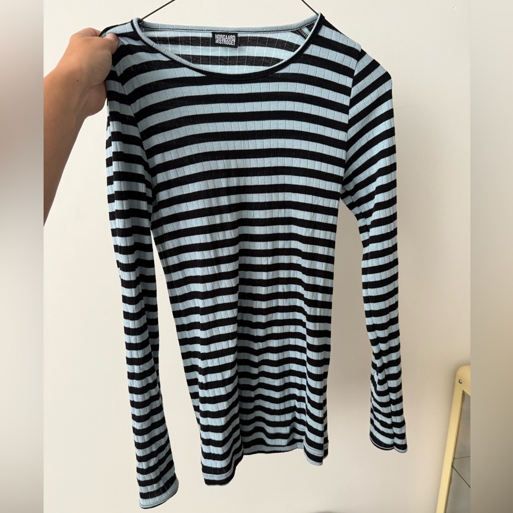 Mads Norgaard Black and Light Blue Striped Long Sleeve Tee